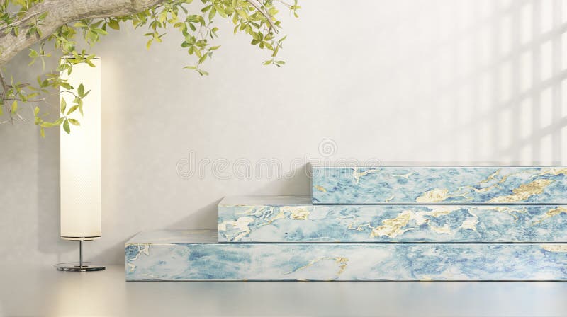 marble shelf wall shelf floor and wall shelf tree silhouette reflecting sunlight from the background luxury shelf Interior design 3D. marble shelf wall shelf floor and wall shelf tree silhouette reflecting sunlight from the background luxury shelf Interior design 3D