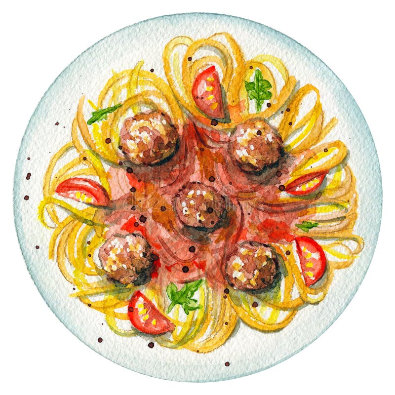 Goma del carbonara de la acuarela en una placa con noisettes, especia, sau ilustración del vector Goma del carbonara de la acuarela en una placa con noisettes, especia, sau ilustración del vector
