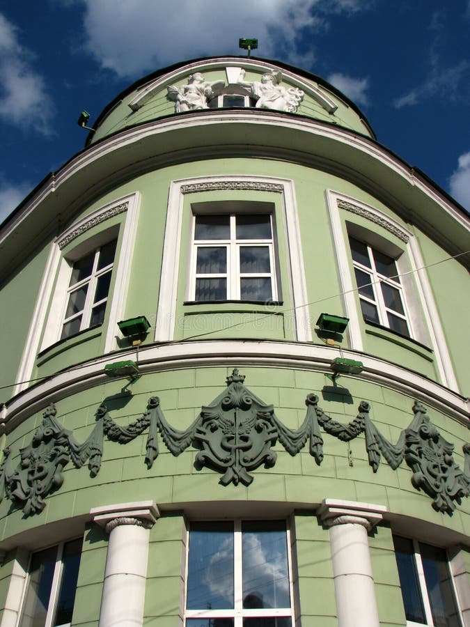 Historical building of city bank close up bottom view fragment