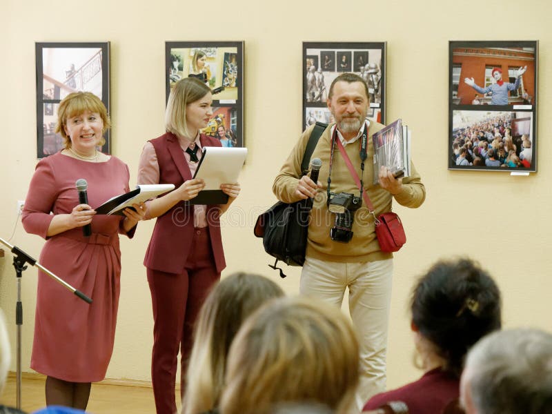 GOMEL, BELARUS - April 10, 2019: 100 Years of the Gomel Herzen City Library. Opening of the photo exhibition. 5. GOMEL, BELARUS - April 10, 2019: 100 Years of the Gomel Herzen City Library. Opening of the photo exhibition. 5