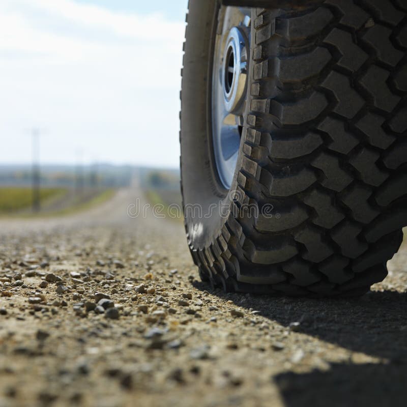 Low angle view of big truck tire on gravel road in rural South Dakota. Low angle view of big truck tire on gravel road in rural South Dakota.