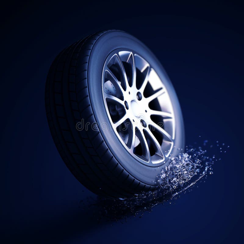 3d macro illustration of a car tire with water splash. Depth of field blur on black background. Selective focus. DOF blur effect. 3d macro illustration of a car tire with water splash. Depth of field blur on black background. Selective focus. DOF blur effect