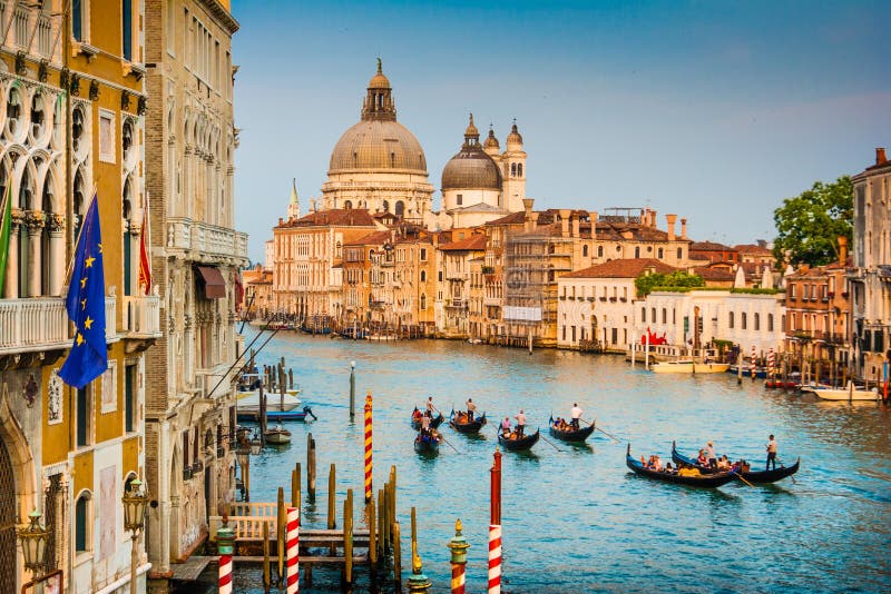 Gondolas on Canal Grande at sunset, Venice, Italy