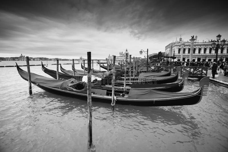 Gondolas in front of Riva degli Schiavoni bw stock photos Gondolas in front of Riva degli Schiavoni bw stock photos