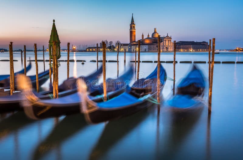 Venice, Gondolas or Gondole on Sunset and Church on Background. Italy ...