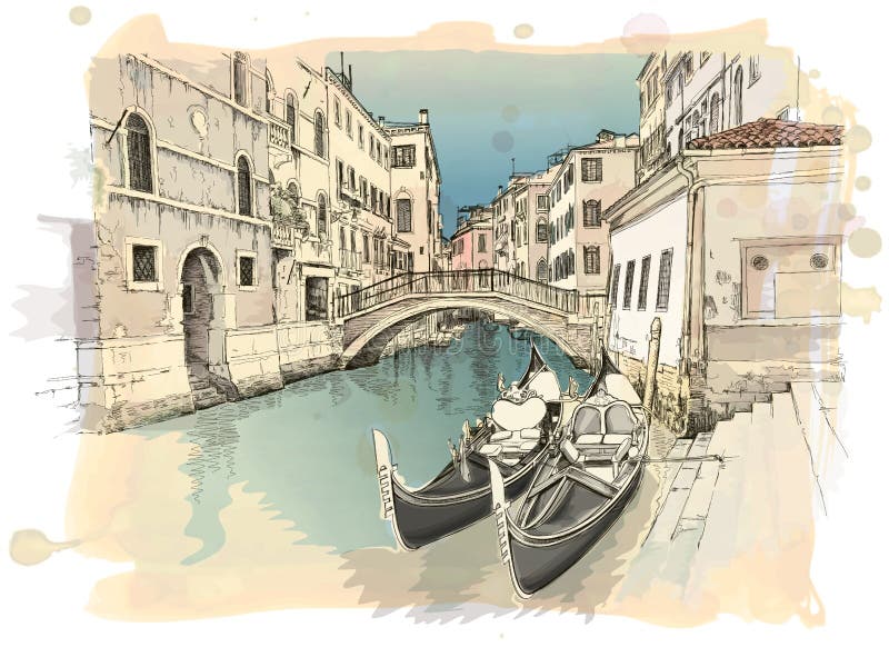 2 gondolas. Ponte del Mondo Novo, Campo S.Maria Formosa. Venice, Italy / Vector illustration. 2 gondolas. Ponte del Mondo Novo, Campo S.Maria Formosa. Venice, Italy / Vector illustration