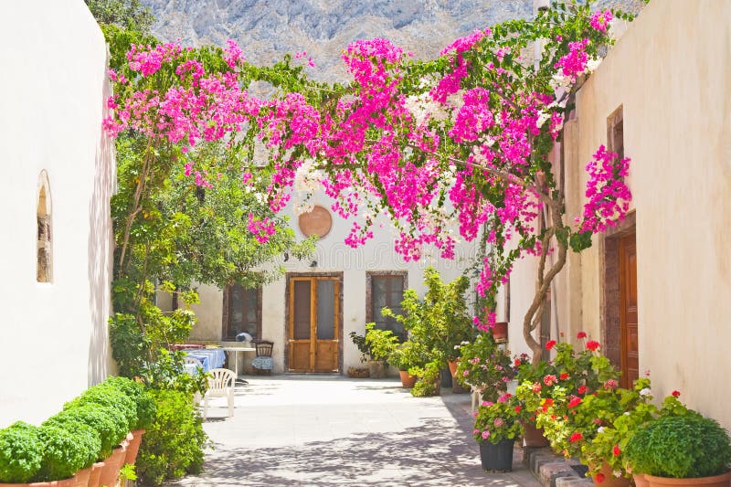 An image of the courtyard of Santorini's oldest church, Panagia Episkopi, at Mesa Gonia. The church is undamaged by volcanic eruptions and earthquakes. An image of the courtyard of Santorini's oldest church, Panagia Episkopi, at Mesa Gonia. The church is undamaged by volcanic eruptions and earthquakes.