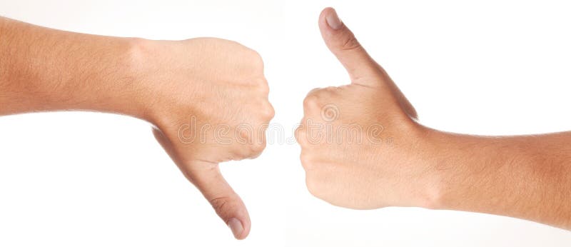 Two hands, with thumbs upward and downward. Two hands, with thumbs upward and downward