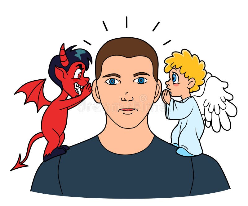 Hombre escuchando bien a malo consejo su pequeno ángel a demonio.