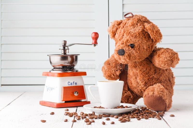 Good Emotion with Coffee Cup and Teddy Bear Stock Photo - Image of ...