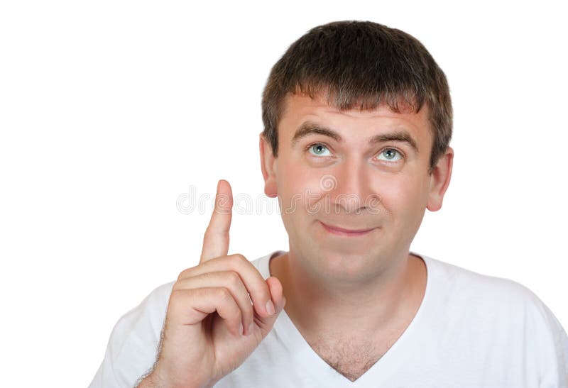 Man pointing his index finger and looking upward isolated on white background. Man pointing his index finger and looking upward isolated on white background