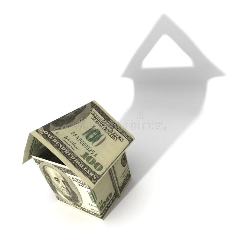 Noleggi immagini generate dal computer di soldi a casa, per illustrare il valore della proprietà.