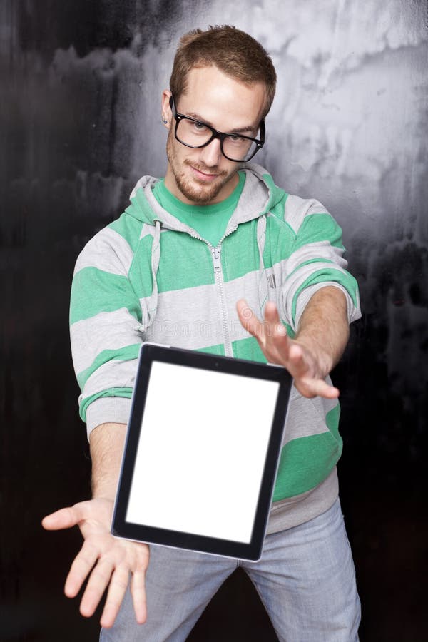 Good Looking Smart Nerd Man With Tablet Computer. Good Looking Young Nerd Smart Guy Man Using Tablet Computer