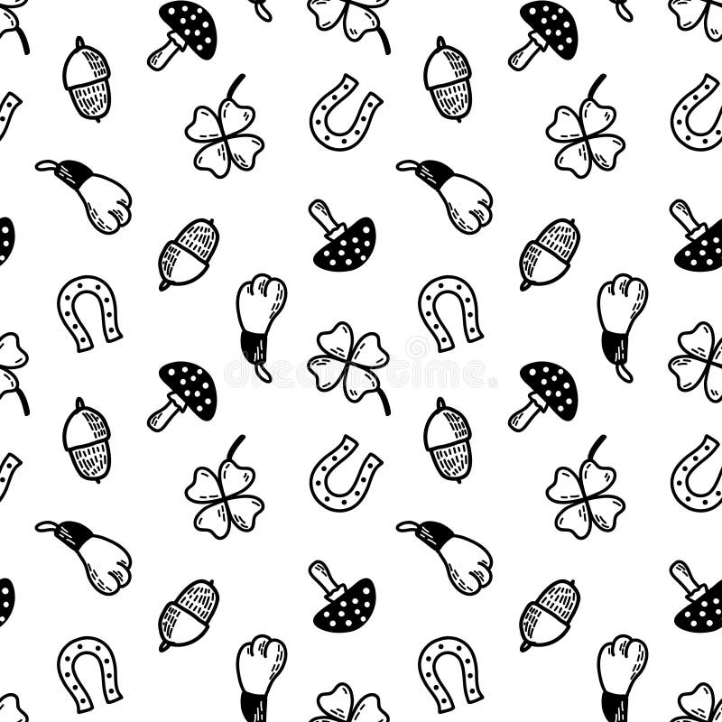 Good luck charms seamless pattern. Clover, acorn, horseshoe, rabbit&x27;s foot, mushroom background. Symbols of success