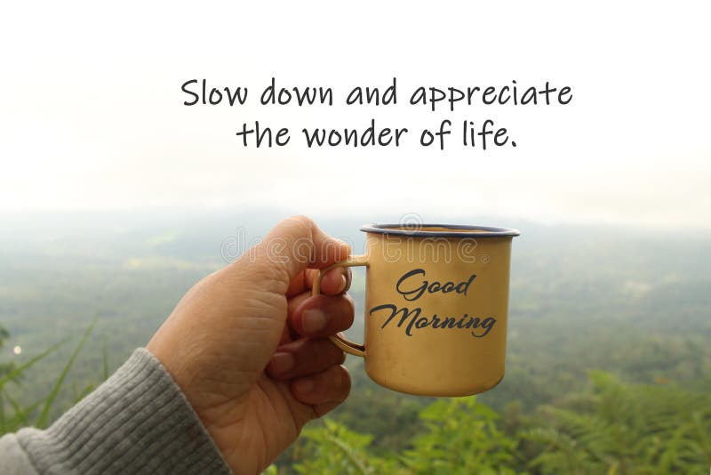 Good Morning greeting on cup of coffee in hand with grateful inspirational quote - Slow down and appreciate the wonder of life. On a foggy mountain background in a misty morning. Morning relax with hot tea and tranquil nature view.