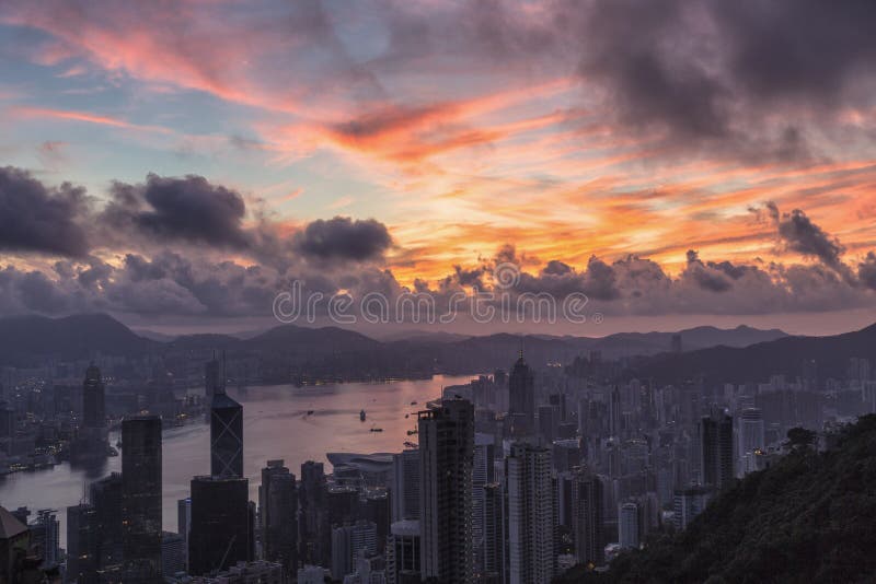 Sunrise of Victoria Harbour Panoramic , Hong Kong Stock Photo - Image