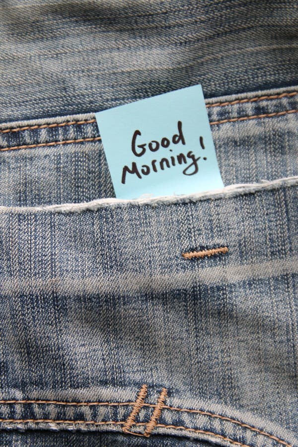 Good Morning Inscription on a Tag in a Pocket of Jeans Stock Photo ...