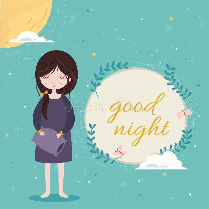 Good night card. Cute girl in the sleepwear holding pillow. Blue sky background with constellation pattern. vector illustration