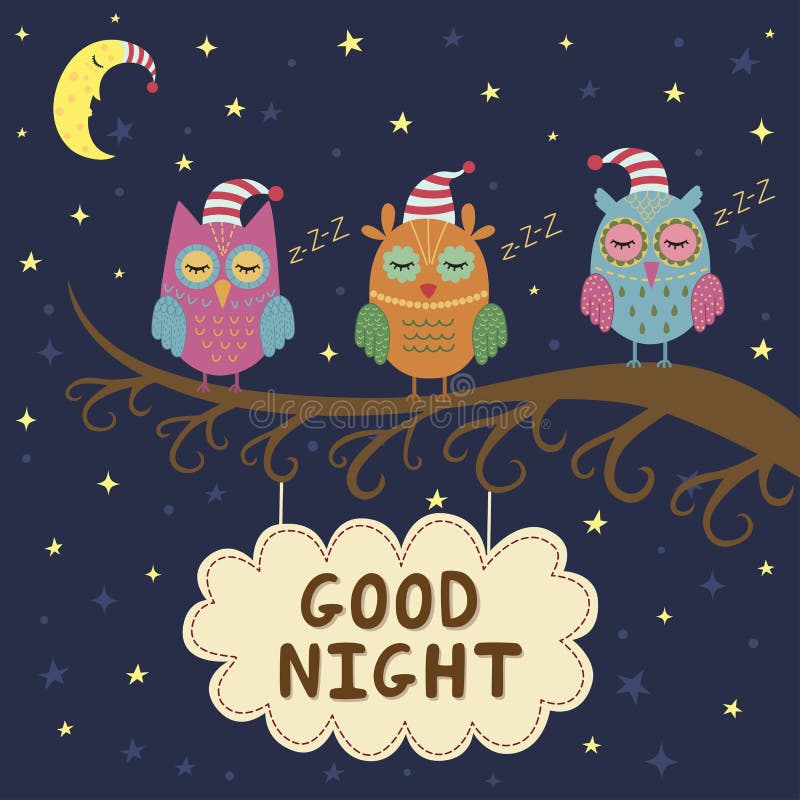 Good night card with cute sleeping owls royalty free illustration