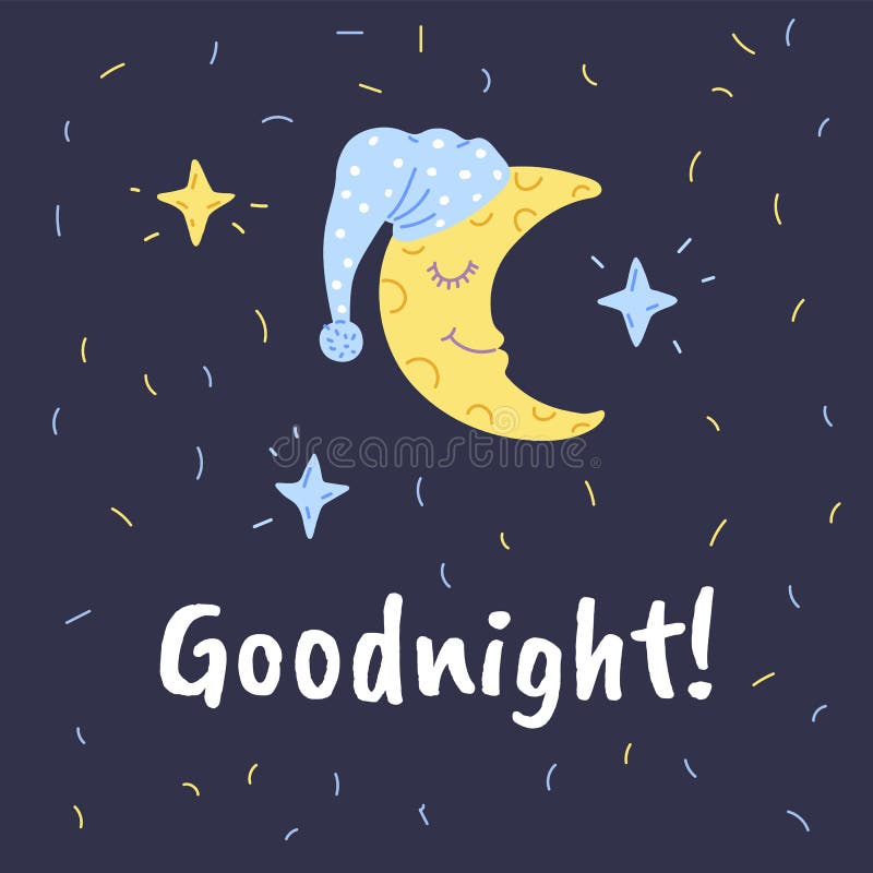 Good Night Card or Poster Design with Sleeping Moon, Flat Vector ...