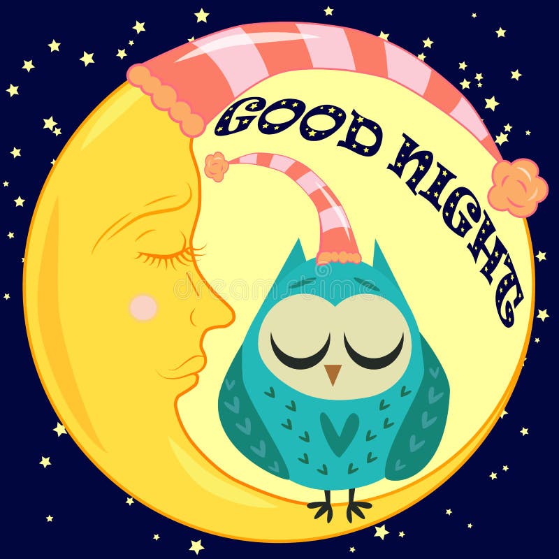 Good Night Card with Sleeping Moon and Cute Owl. Illustration Stock ...