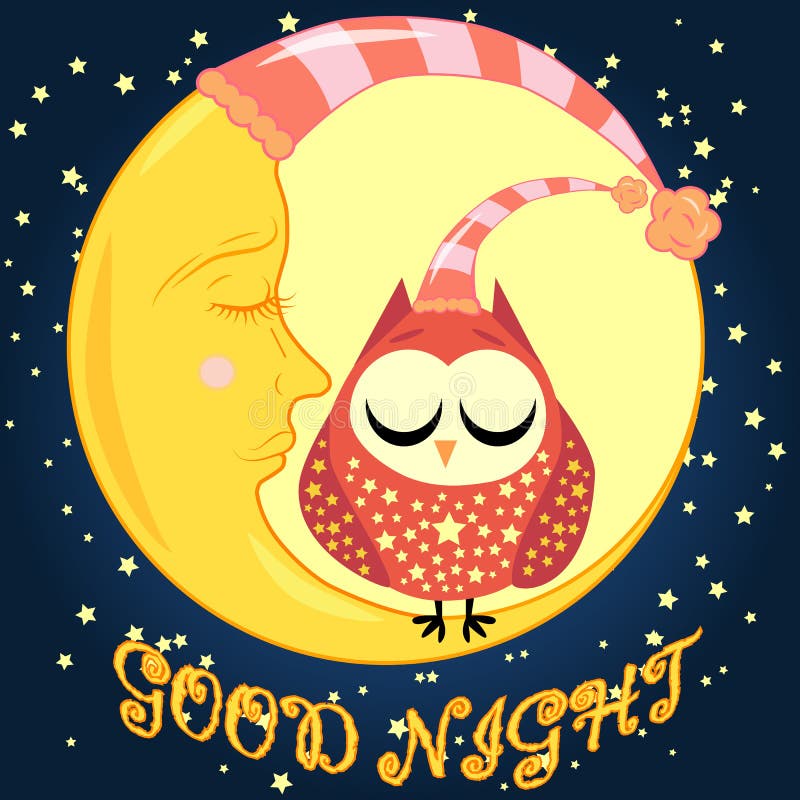 Good Night Card with Sleeping Moon and Cute Owl. Illustration Stock ...