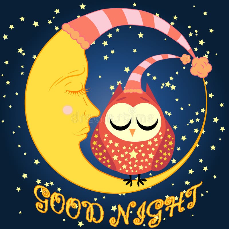 Good Night Card with Sleeping Moon and Cute Owl. Illustration Stock ...