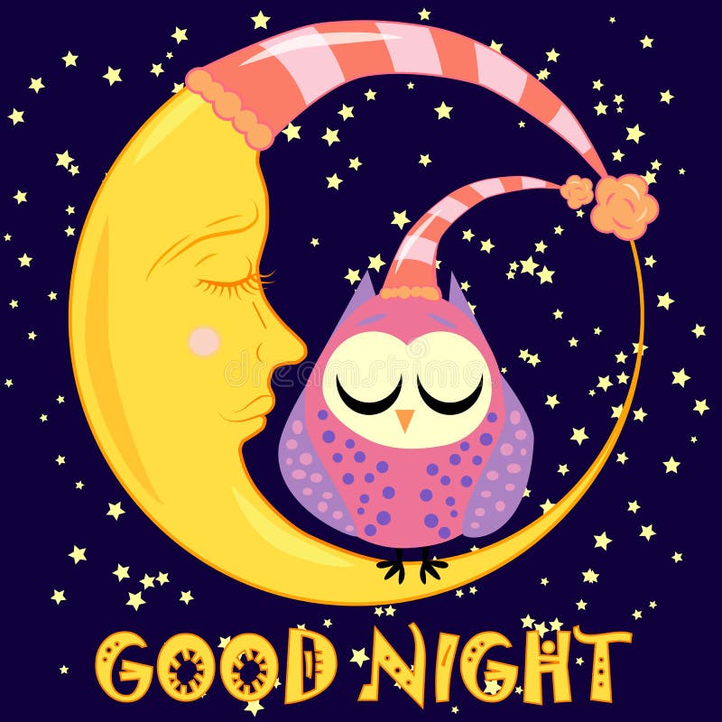 Good Night Card with Sleeping Moon and Cute Owl. Illustration Stock ...