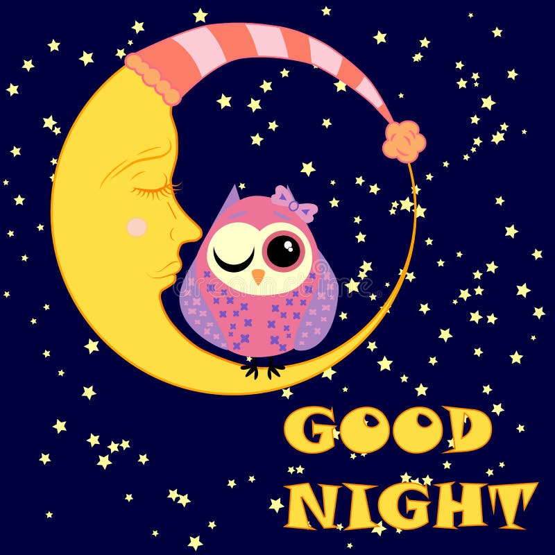 Good Night Card with Sleeping Moon and Cute Owl. Illustration Stock ...
