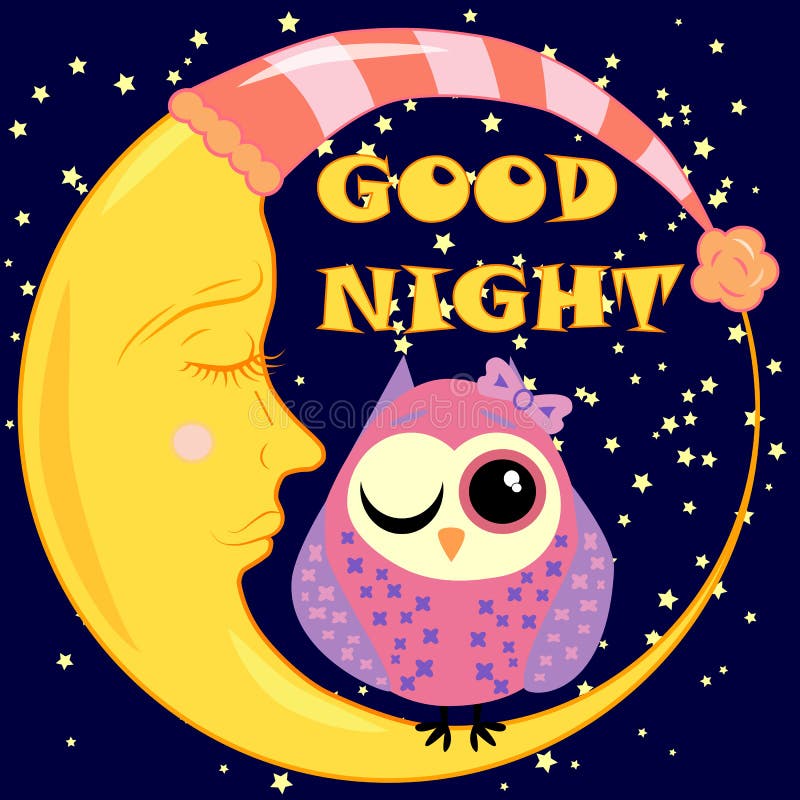 Good Night Card with Sleeping Moon and Cute Owl. Illustration Stock ...