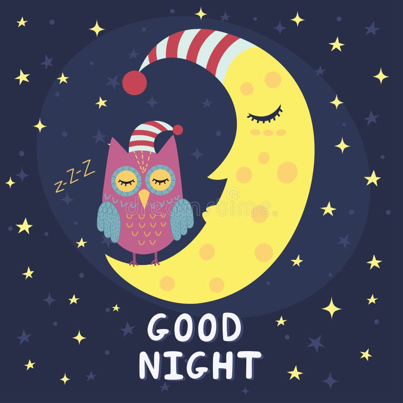 Good night card with sleeping moon and cute owl vector illustration