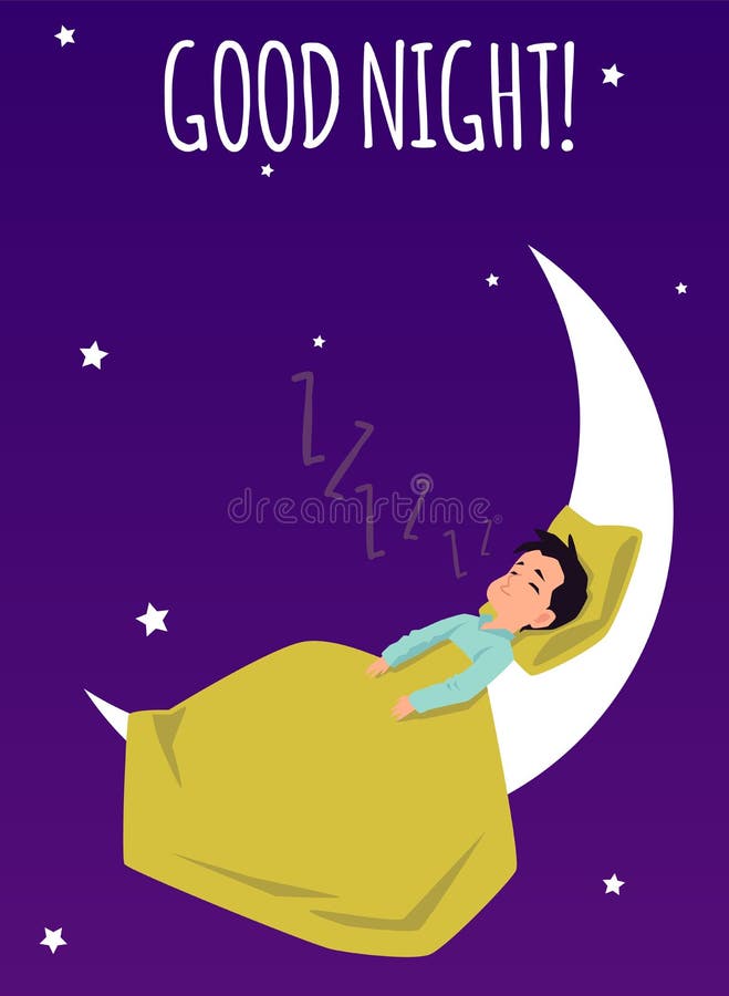 Good Night Card with Child Sleeping on the Moon Flat Vector ...