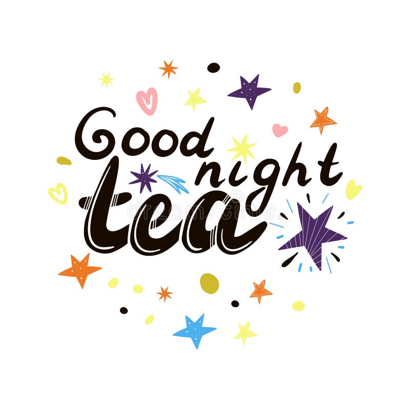 Good Night Tea Lettering with Stars on a White Background. Stock Vector