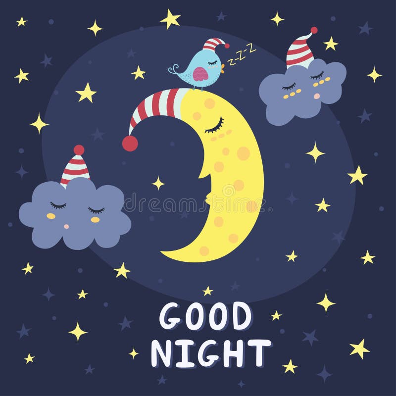 Good night vector card with the cute sleeping moon, clouds and a bird stock illustration