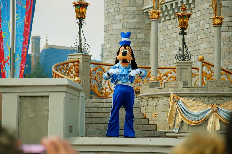 Goofy on stage in Magic Kingdom during the Dreams Come True magical show in Disneyworld, Florida. Goofy is a funny-animal cartoon character created in 1932 at Walt Disney Productions. Goofy is a tall, anthropomorphic dog with a Southern drawl, and typically wears a turtle neck and vest, with pants, shoes, white gloves, and a tall hat originally designed as a rumpled fedora. Goofy is a close friend of Mickey Mouse and Donald Duck and is one of Disney&#x27;s most recognizable characters. He is normally characterized as extremely clumsy and dimwitted, yet this interpretation is not always definitive; occasionally Goofy is shown as intuitive, and clever, albeit in his own unique, eccentric way.