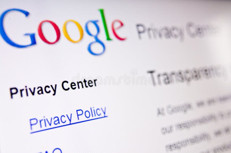 Computer screen with Google main search page closeup. Privacy policy concept focused.