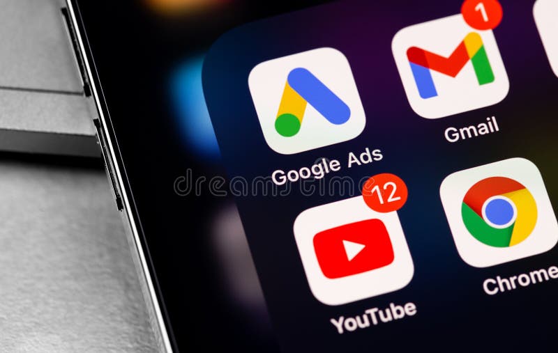 Google Ads, Gmail, YouTube, Chrome icon apps on screen