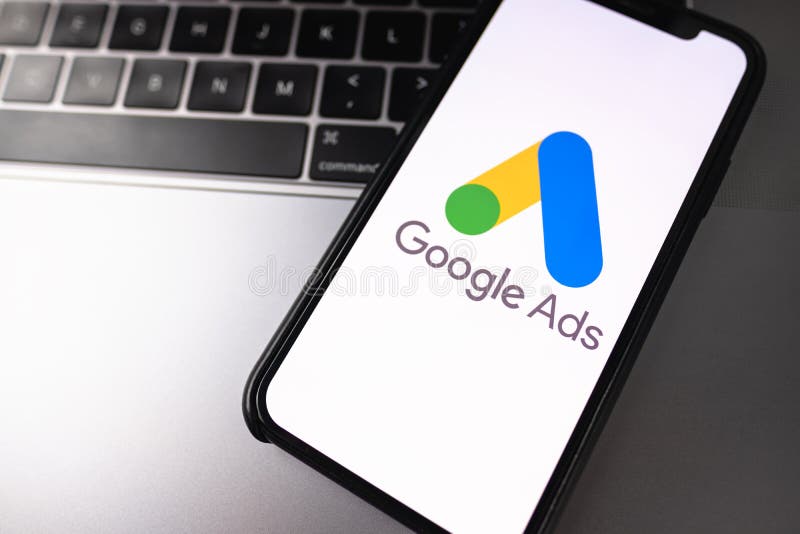Google Ads logo on smartphone screen. High quality photo.