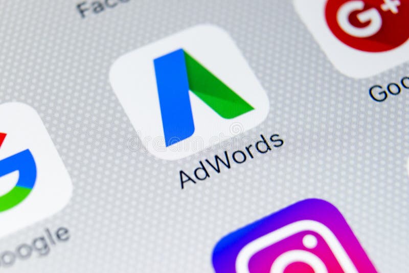 Google Adwords application icon on Apple iPhone X screen close-up. Google Ad Words icon. Google adwords application. Social media royalty free stock photos Google Adwords application icon on Apple iPhone X screen close-up. Google Ad Words icon. Google adwords application. Social media royalty free stock photos
