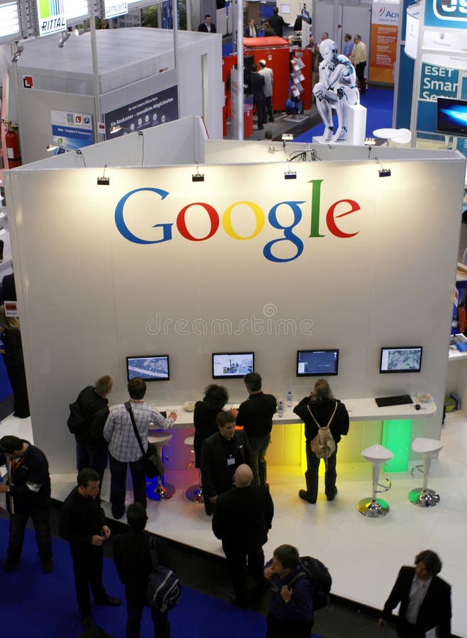 Aerial view of the Google booth at the Systems Fair in Munich, Germany.