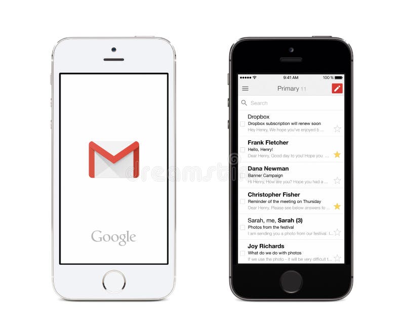 Google Gmail app and Gmail inbox on white and black Apple iPhones stock images