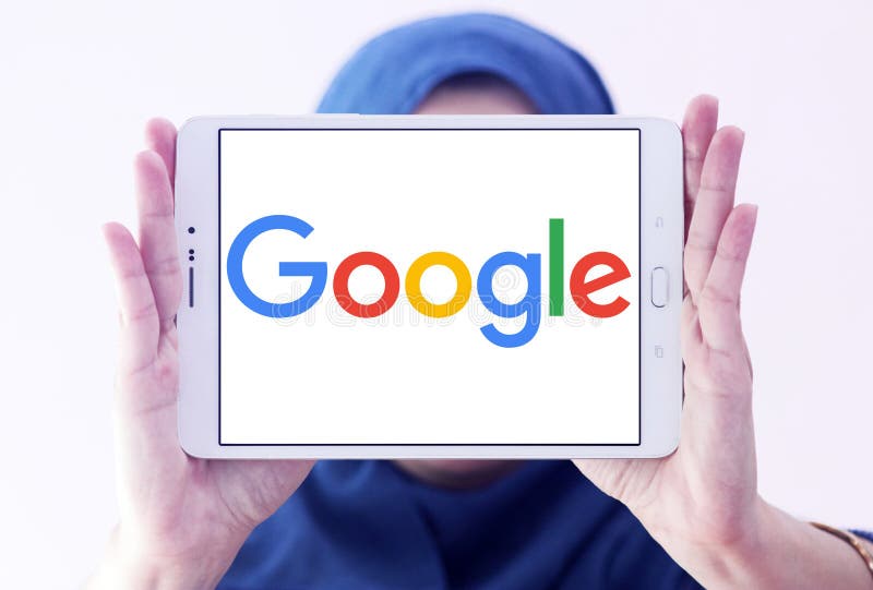 Google company logo and vector on samsung tablet holded by arab muslim woman. Google company logo and vector on samsung tablet holded by arab muslim woman