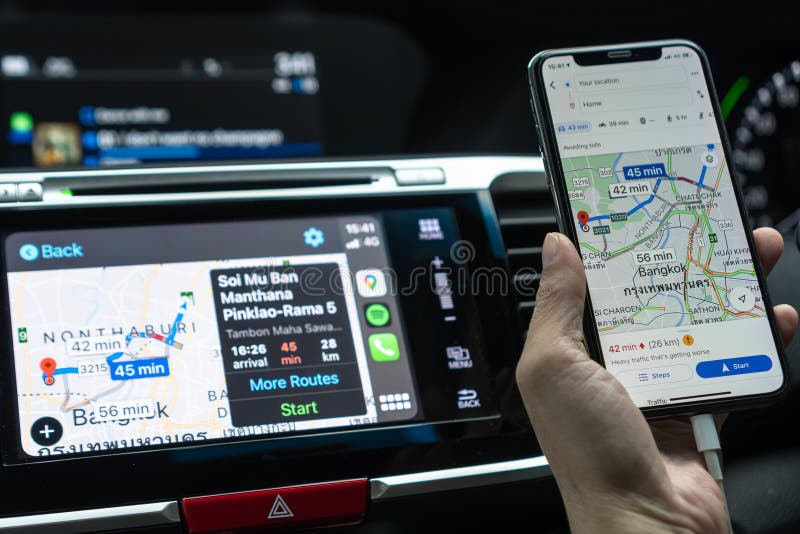 Google Maps App with Apple CarPlay on Car Screen Dashboard and IPhone
