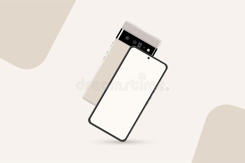 Google pixel mobile vector with an off-white frame and a triple camera. Mobile phone backside and front side view with blank