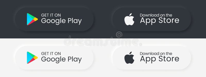 Google play store apple store przyciski pobierania. ikony pobierania aplikacji mobilnej w projekcie programu neumorphism. wektor