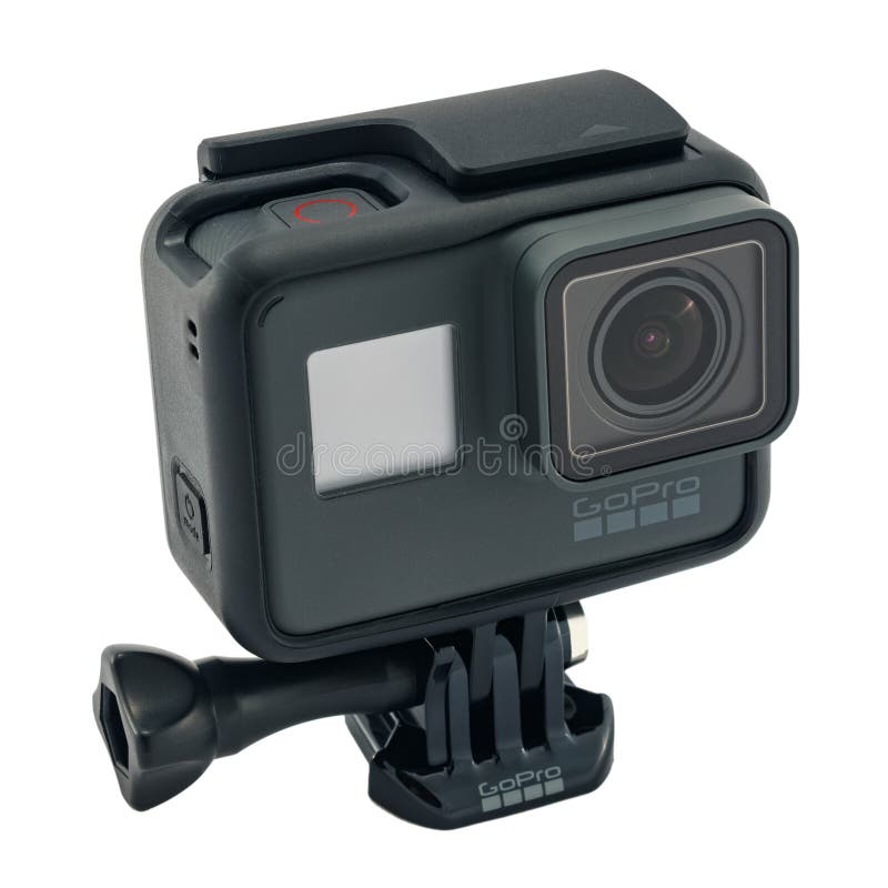 RIGA, LATVIA - NOVEMBER 25, 2017: GoPro HERO 6 Black. Supports 4k Ultra HD video up to 60 fps and 1080p up to 240 fps. Brand new waterproof action camera isolated on white. RIGA, LATVIA - NOVEMBER 25, 2017: GoPro HERO 6 Black. Supports 4k Ultra HD video up to 60 fps and 1080p up to 240 fps. Brand new waterproof action camera isolated on white