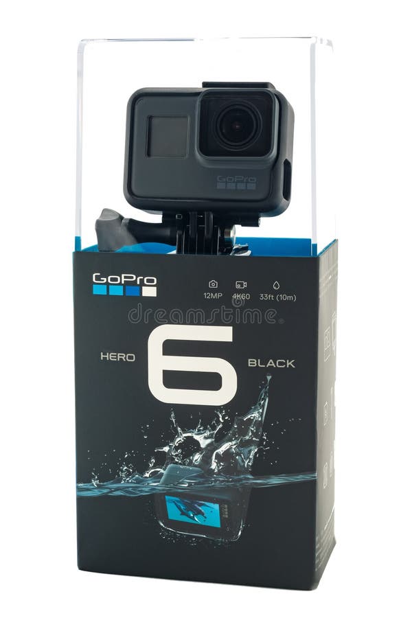 RIGA, LATVIA - NOVEMBER 25, 2017: GoPro HERO 6 Black. Supports 4k Ultra HD video up to 60 fps and 1080p up to 240 fps. Brand new waterproof action camera isolated on white. RIGA, LATVIA - NOVEMBER 25, 2017: GoPro HERO 6 Black. Supports 4k Ultra HD video up to 60 fps and 1080p up to 240 fps. Brand new waterproof action camera isolated on white
