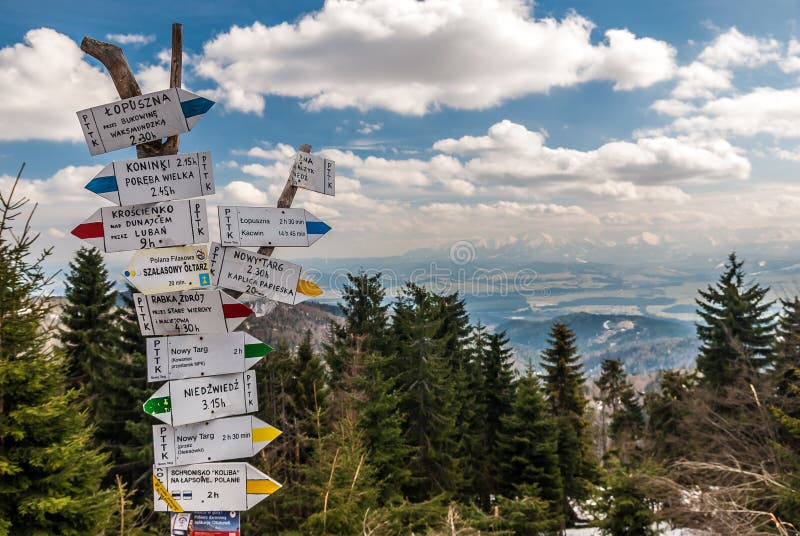 Gorce Mountains signpost in spring - Tatry mountains view from Turbacz, Gorce Mountains, Malopolska, Poland royalty free stock image Gorce Mountains signpost in spring - Tatry mountains view from Turbacz, Gorce Mountains, Malopolska, Poland royalty free stock image