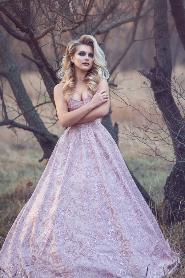 Gorgeous Blond Lady with Luxuriant Hairstyle in Brocade Ball Gown Standing  at the Dry Leafless Tree Stock Image - Image of autumn, dress: 104626329