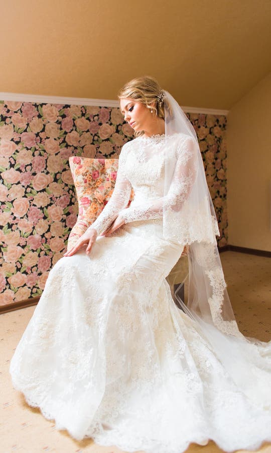 Gorgeous Blonde Bride in Wedding Dress Waiting for Groom. Stock Image ...